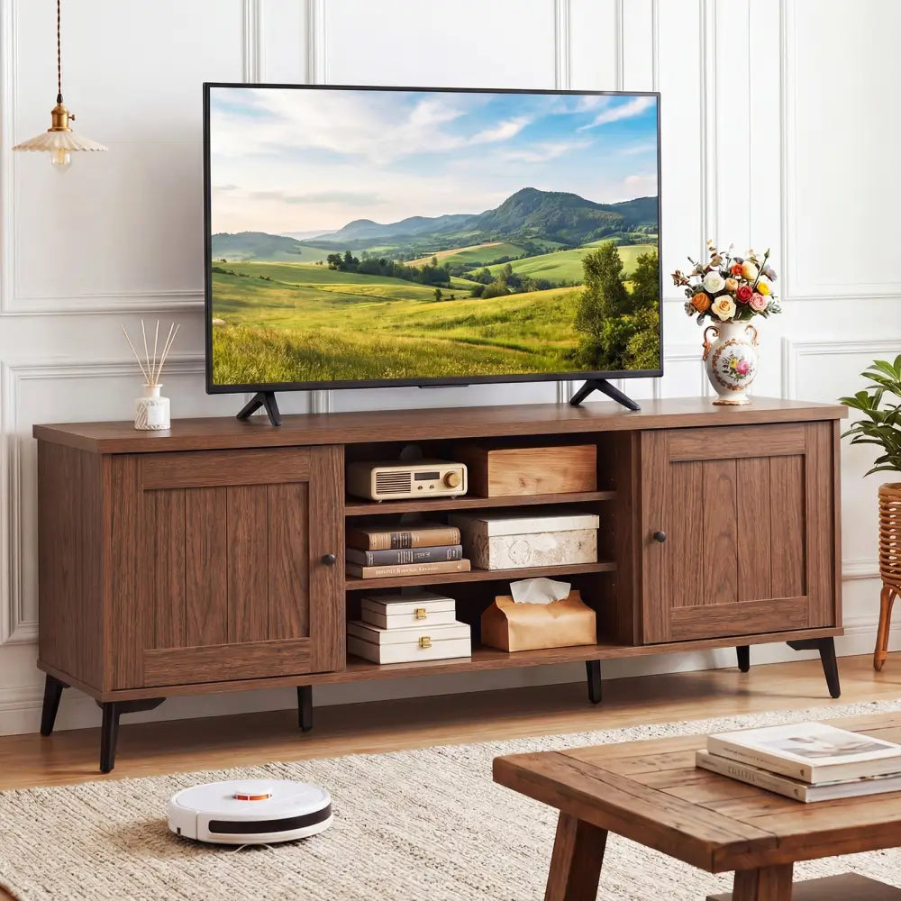 2-Door TV Stand for TVs up to 65 Inch Mid Century Modern Entertainment Center-Brown - Brown - Entertainment Centers &