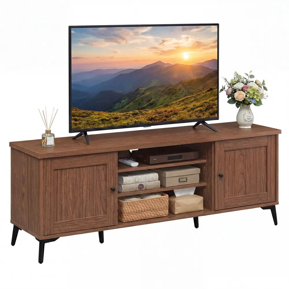 2-Door TV Stand for TVs up to 65 Inch Mid Century Modern Entertainment Center-Brown - Brown - Entertainment Centers &