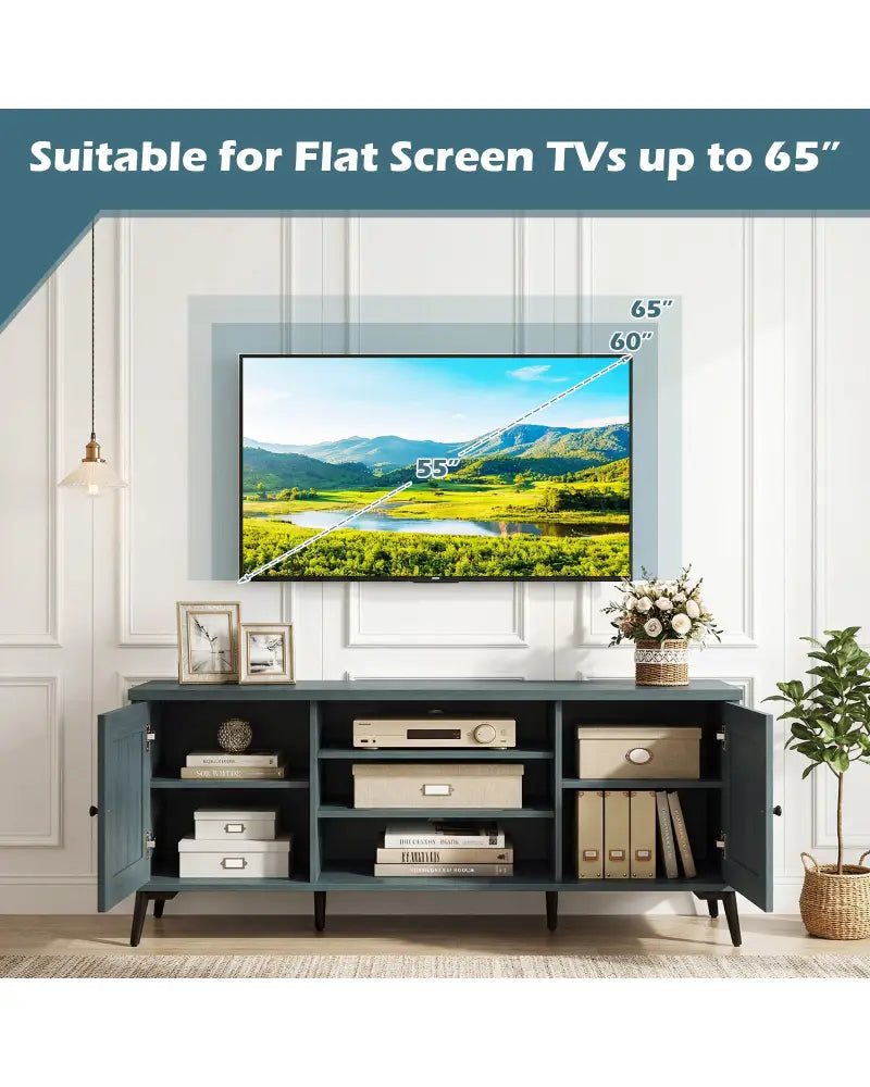 2-Door TV Stand for TVs up to 65 Inch Mid Century Modern Entertainment Center-Turquoise - Turquoise - Entertainment