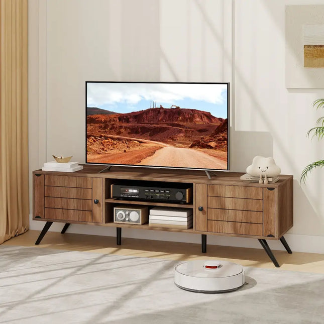 2-Door TV Stand for TVs up to 65 Inch with Open Shelves-Oak Costway