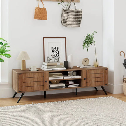 2-Door TV Stand for TVs up to 65 Inch with Open Shelves-Oak Costway