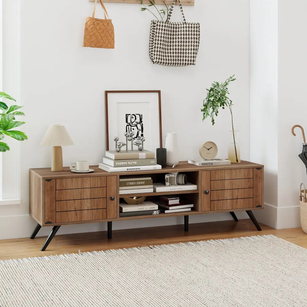 2-Door TV Stand for TVs up to 65 Inch with Open Shelves-Oak Costway