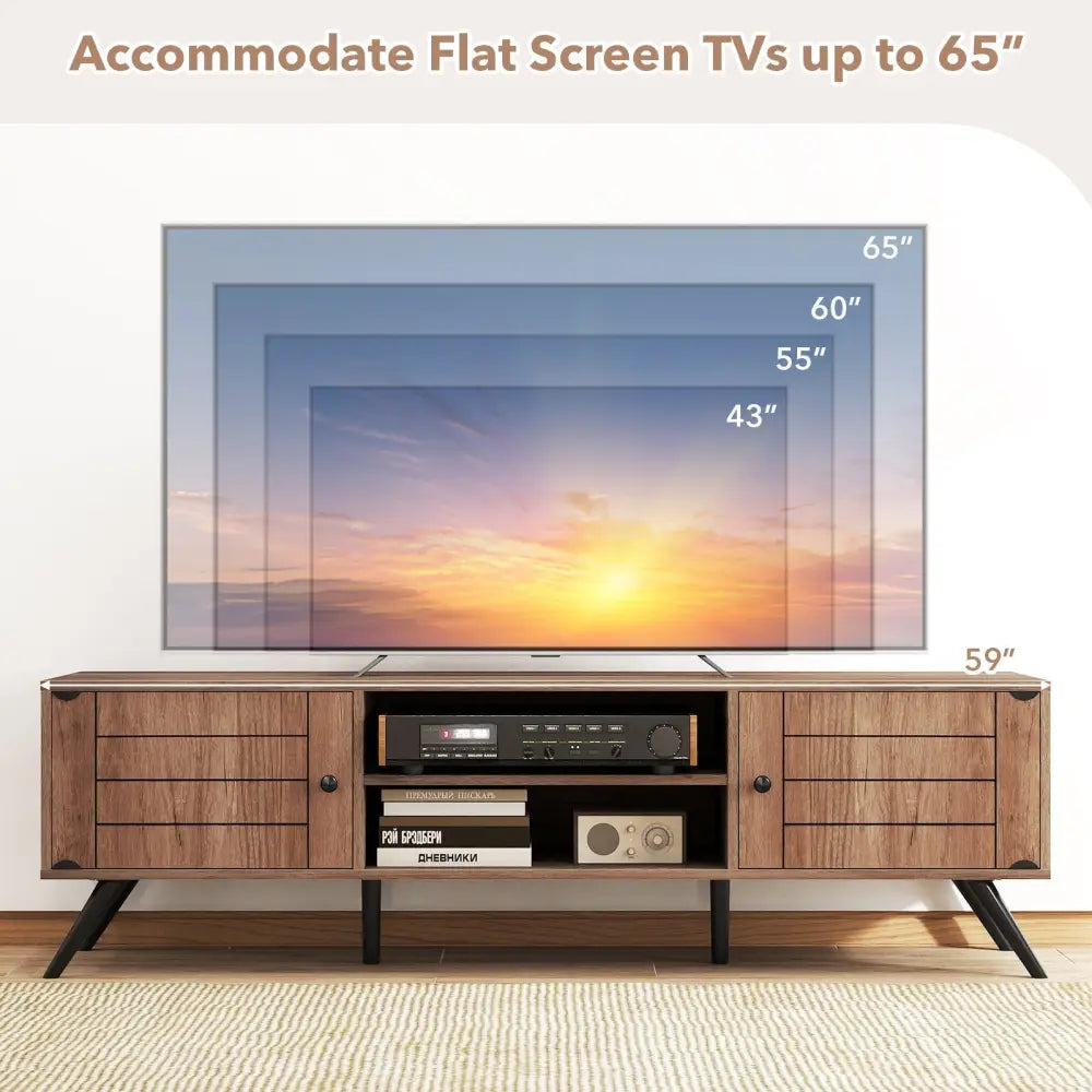 2-Door TV Stand for TVs up to 65 Inch with Open Shelves-Oak Costway