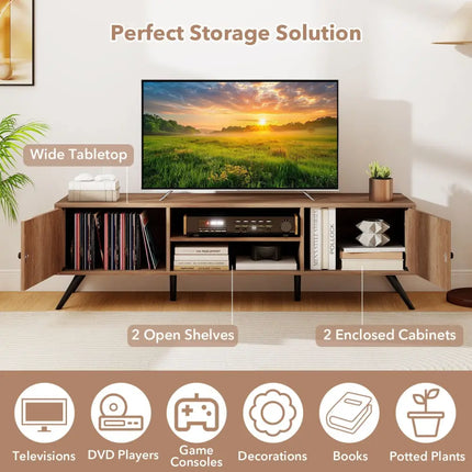 2-Door TV Stand for TVs up to 65 Inch with Open Shelves-Oak Costway