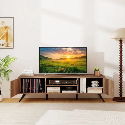 2-Door TV Stand for TVs up to 65 Inch with Open Shelves-Oak Costway