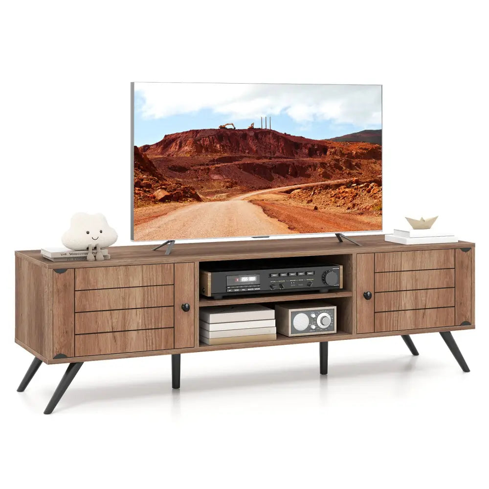 2-Door TV Stand for TVs up to 65 Inch with Open Shelves-Oak Costway