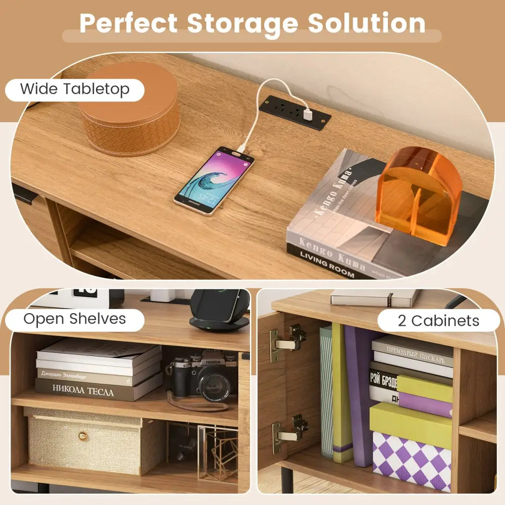 2-Door TV Stand with Charging Station and Open Shelves for TVs up to 65 Inches-Natural - Natural - Entertainment