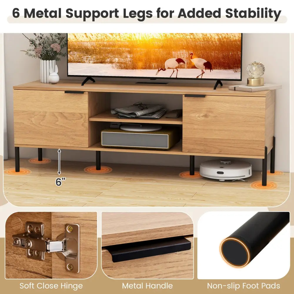2-Door TV Stand with Charging Station and Open Shelves for TVs up to 65 Inches-Natural - Natural - Entertainment