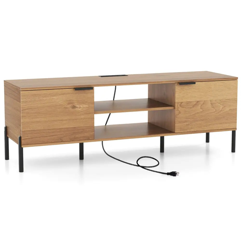 2-Door TV Stand with Charging Station and Open Shelves for TVs up to 65 Inches-Natural - Natural - Entertainment