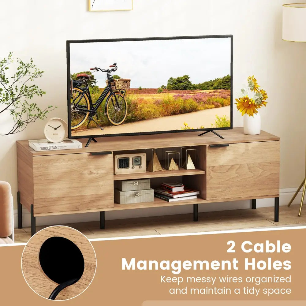 2-Door TV Stand with Charging Station and Open Shelves for TVs up to 65 Inches-Natural - Natural - Entertainment