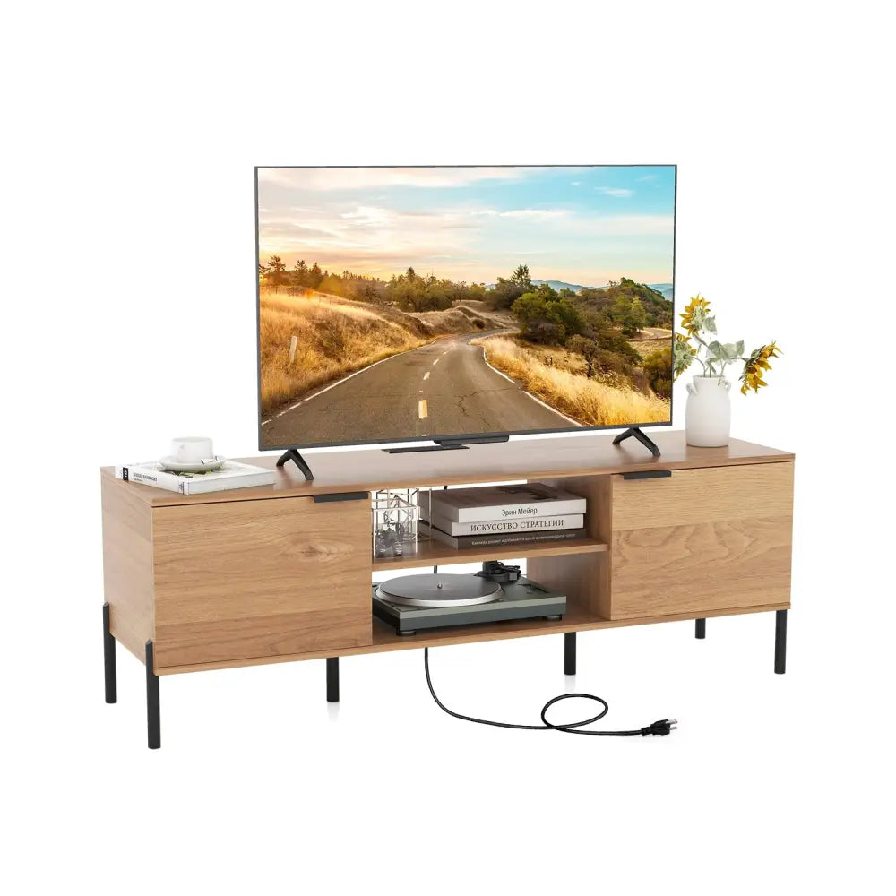 2-Door TV Stand with Charging Station and Open Shelves for TVs up to 65 Inches-Natural - Natural - Entertainment