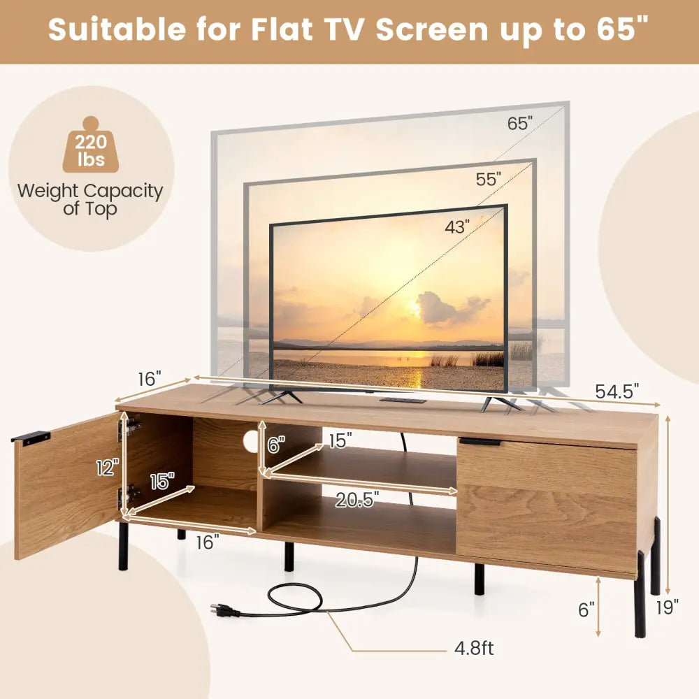 2-Door TV Stand with Charging Station and Open Shelves for TVs up to 65 Inches-Natural - Natural - Entertainment