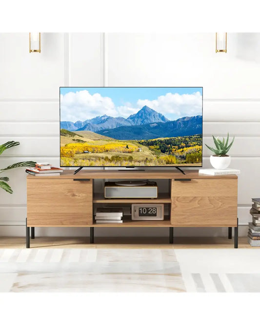 2-Door TV Stand with Charging Station and Open Shelves for TVs up to 65 Inches-Natural - Natural - Entertainment