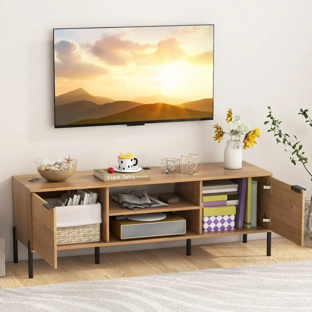 2-Door TV Stand with Charging Station and Open Shelves for TVs up to 65 Inches-Natural - Natural - Entertainment