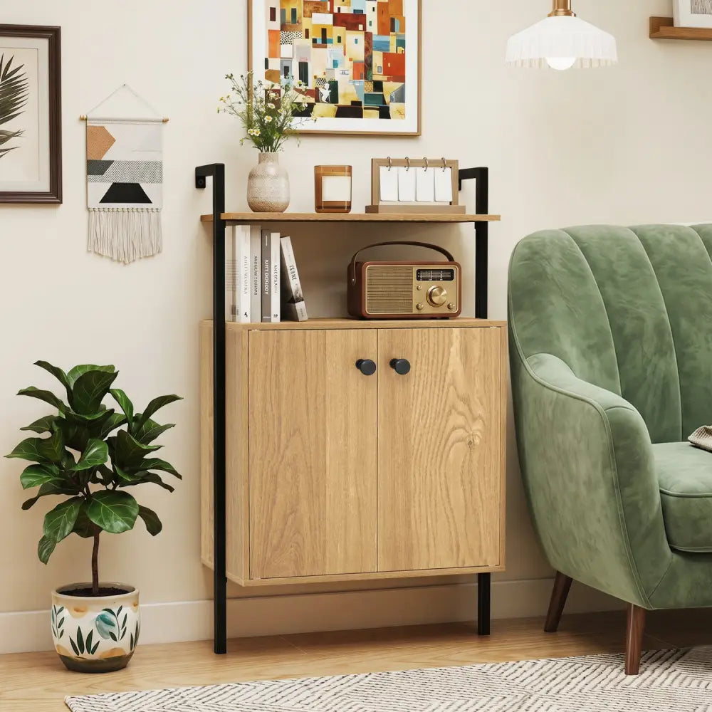 2-Door Wall Mount Bookshelf with Storage Cabinet-Natural - Natural - Bookcases