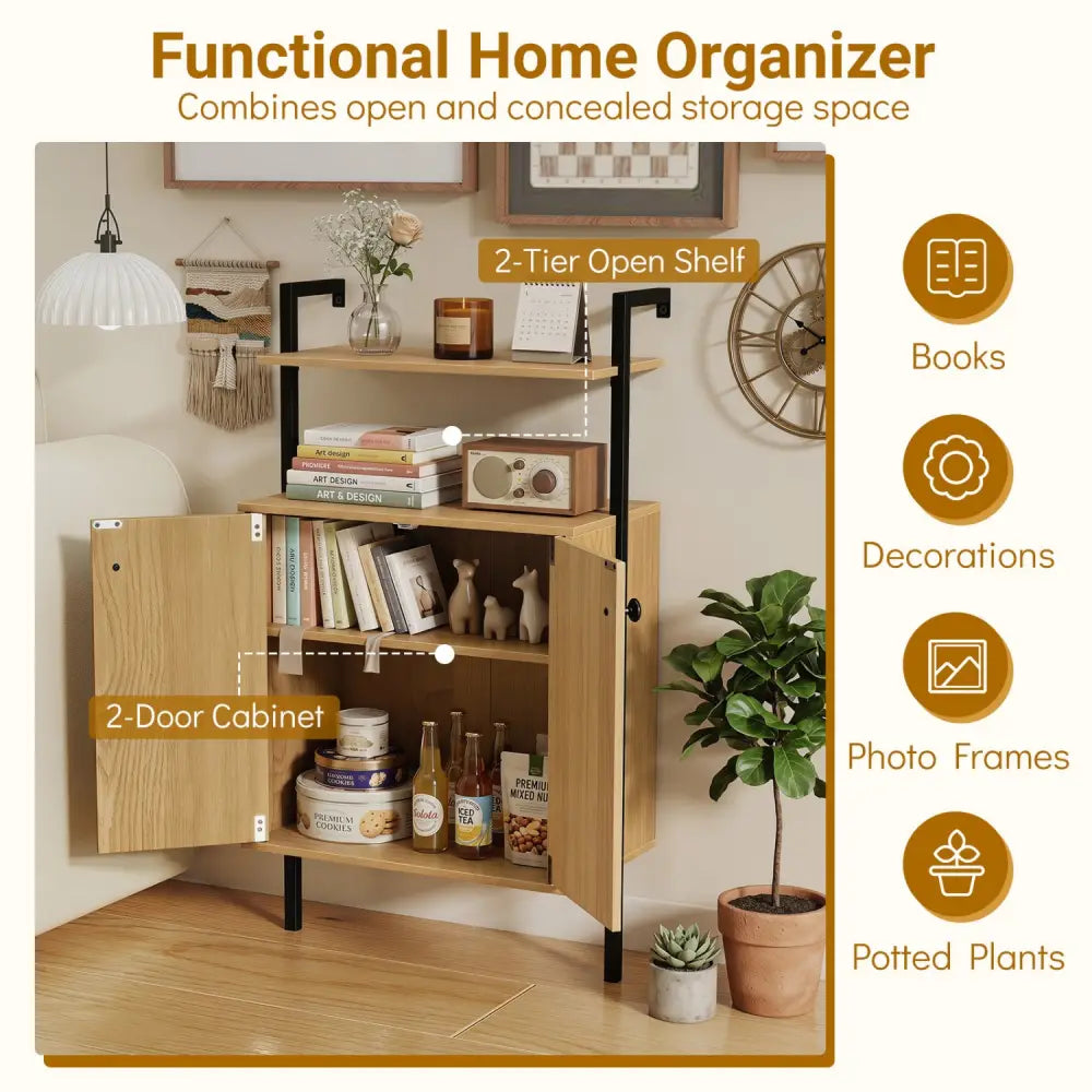 2-Door Wall Mount Bookshelf with Storage Cabinet-Natural - Natural - Bookcases
