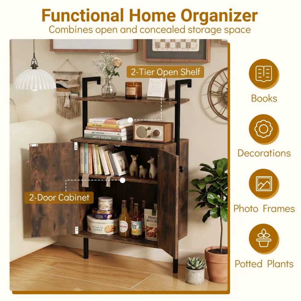 2-Door Wall Mount Bookshelf with Storage Cabinet-Rustic Brown - Rustic Brown - Bookcases