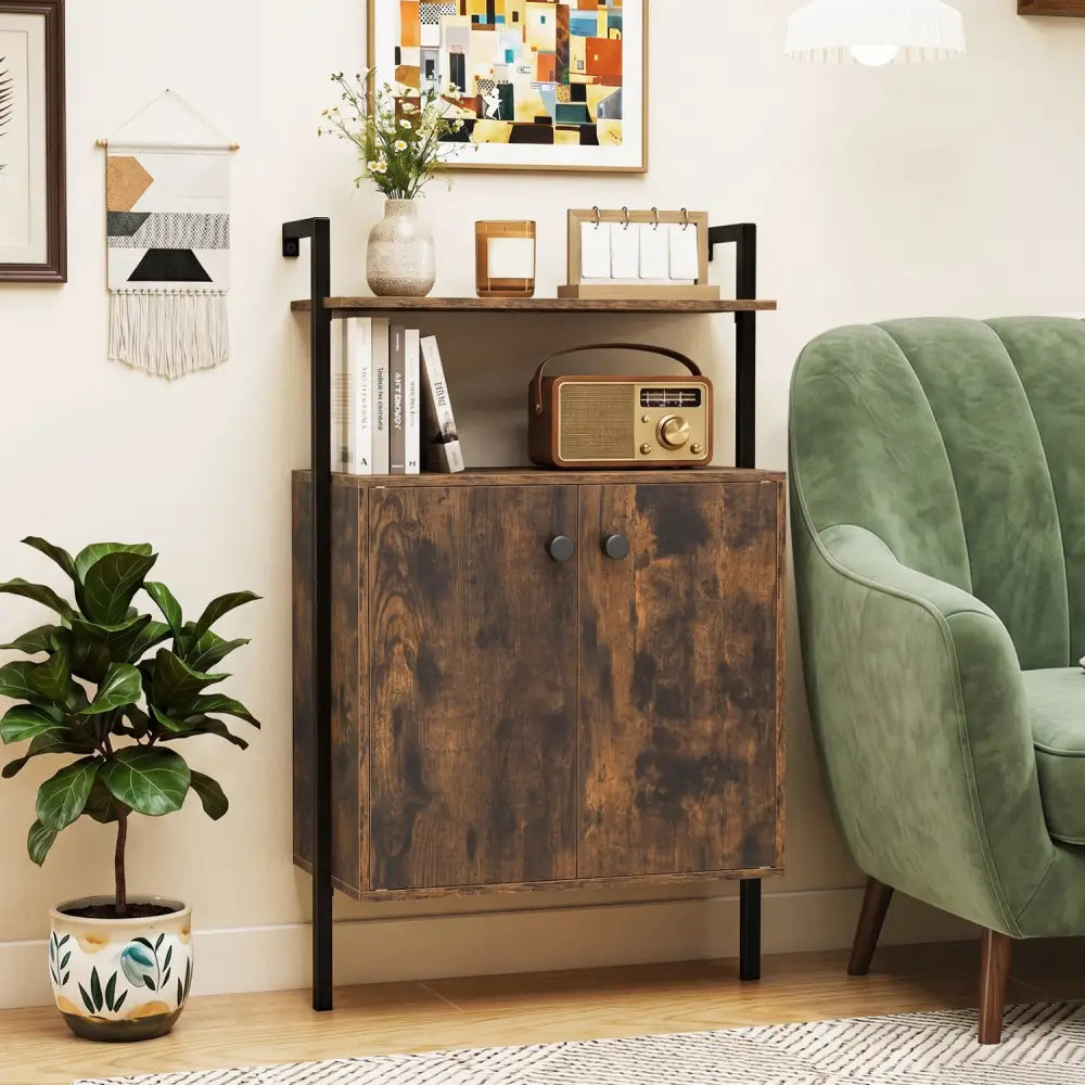 2-Door Wall Mount Bookshelf with Storage Cabinet-Rustic Brown - Rustic Brown - Bookcases