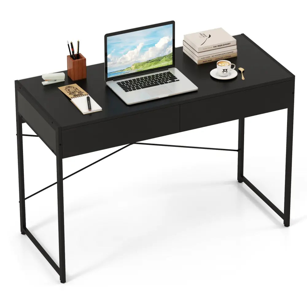 2-Drawer Home Office Desk with Steel Frame-Black - Black - Writing Desks