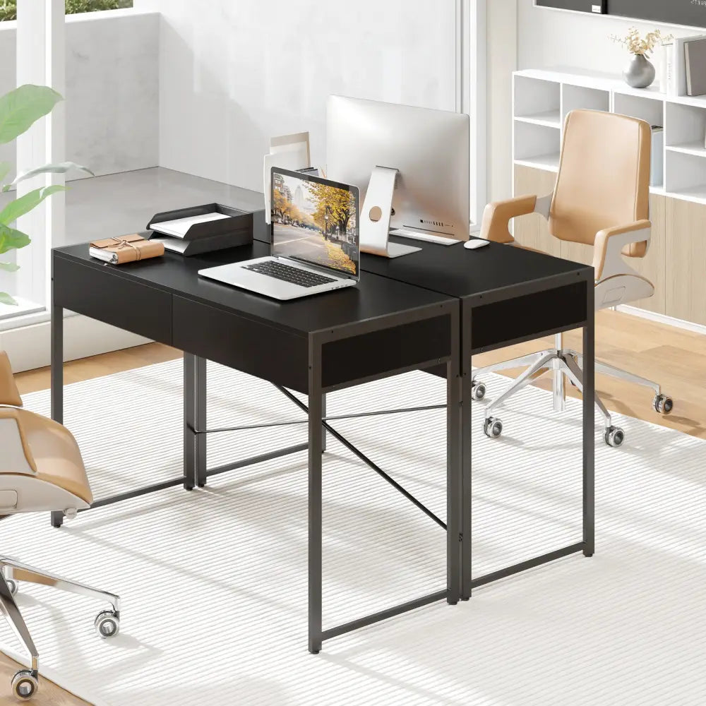 2-Drawer Home Office Desk with Steel Frame-Black - Black - Writing Desks
