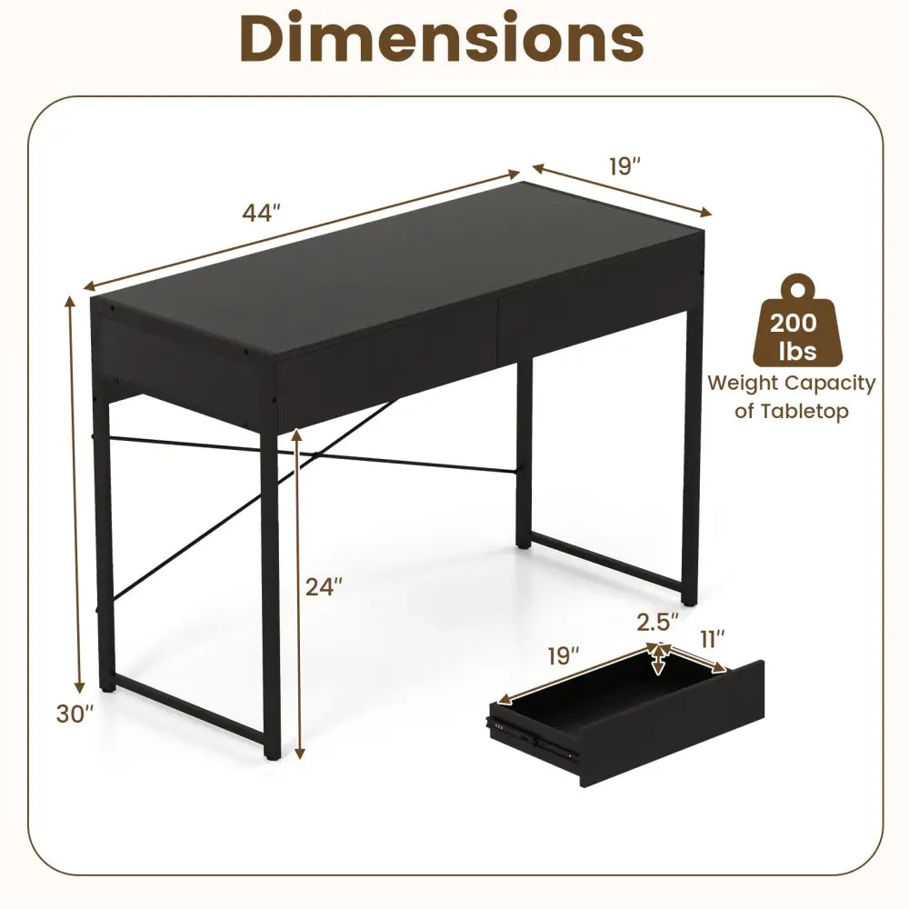 2-Drawer Home Office Desk with Steel Frame-Black - Black - Writing Desks