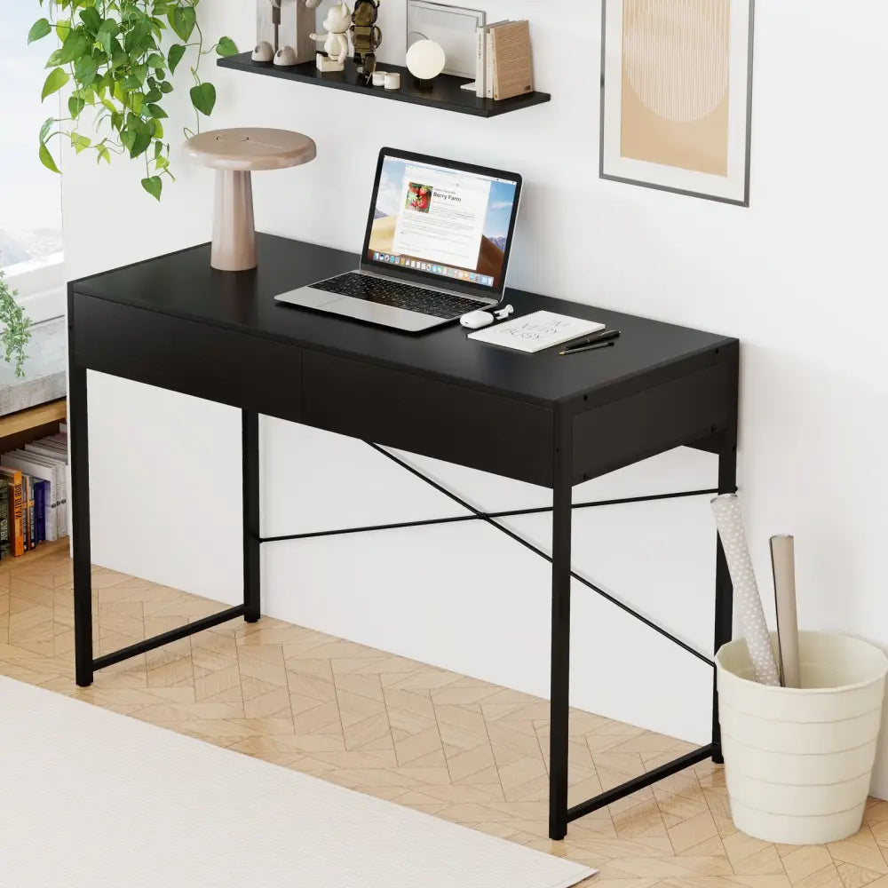 2-Drawer Home Office Desk with Steel Frame-Black - Black - Writing Desks