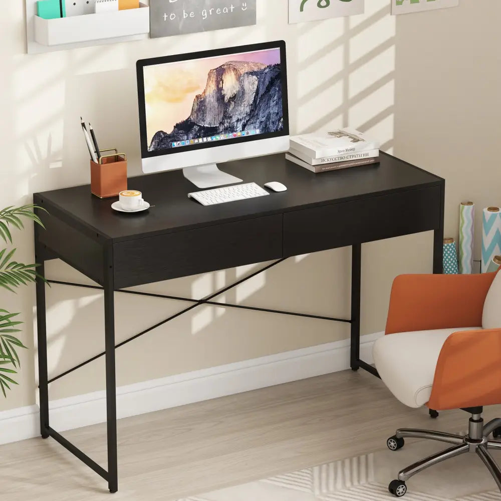 2-Drawer Home Office Desk with Steel Frame-Black - Black - Writing Desks