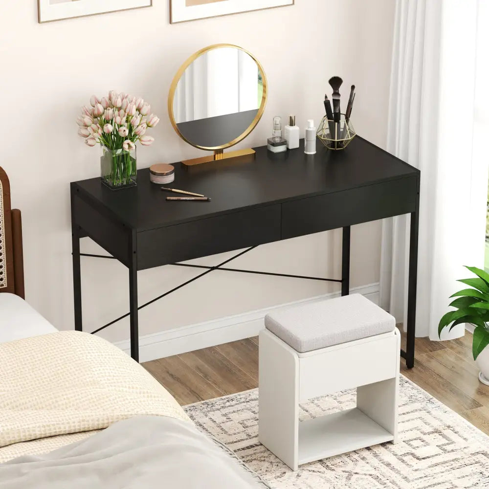 2-Drawer Home Office Desk with Steel Frame-Black - Black - Writing Desks