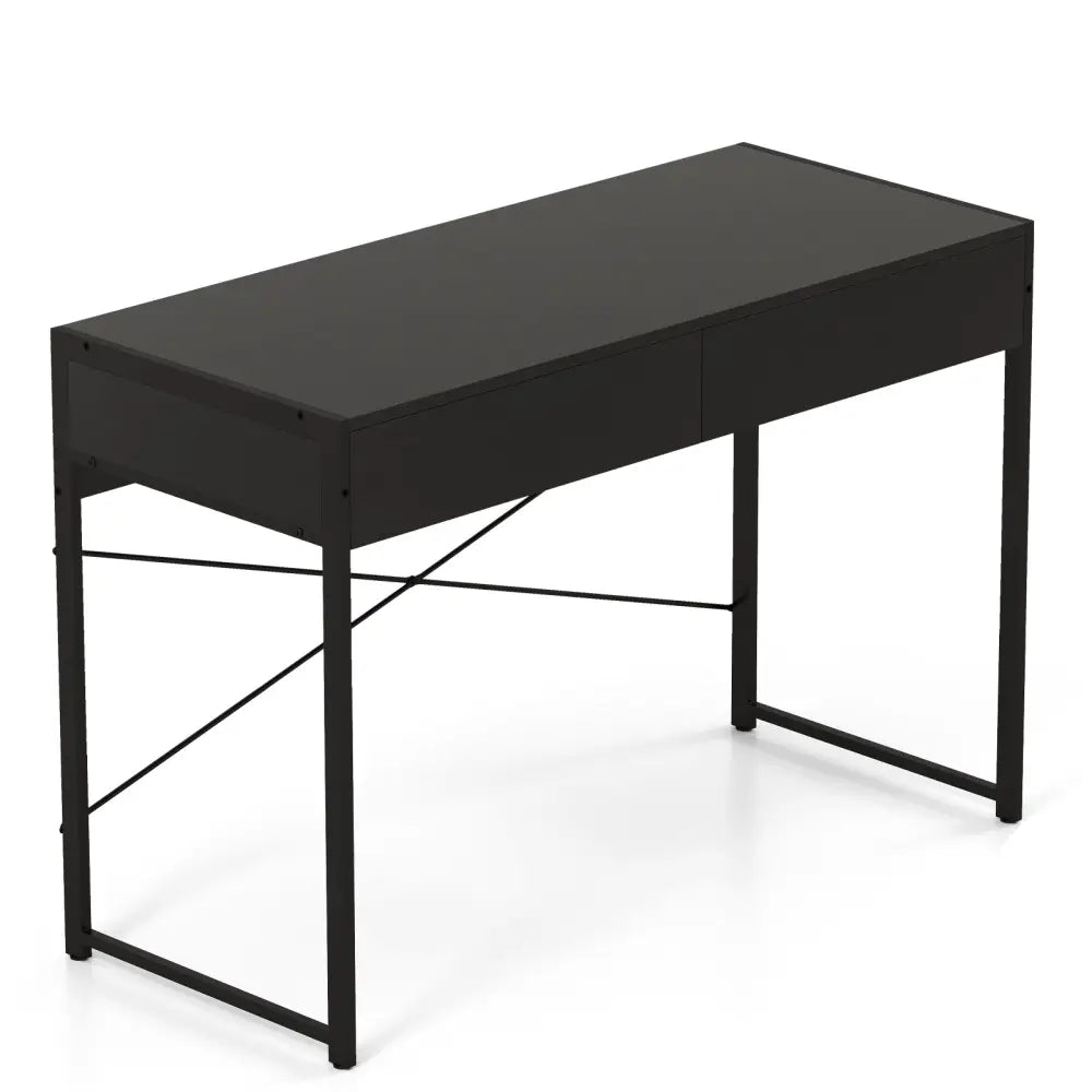2-Drawer Home Office Desk with Steel Frame-Black - Black - Writing Desks