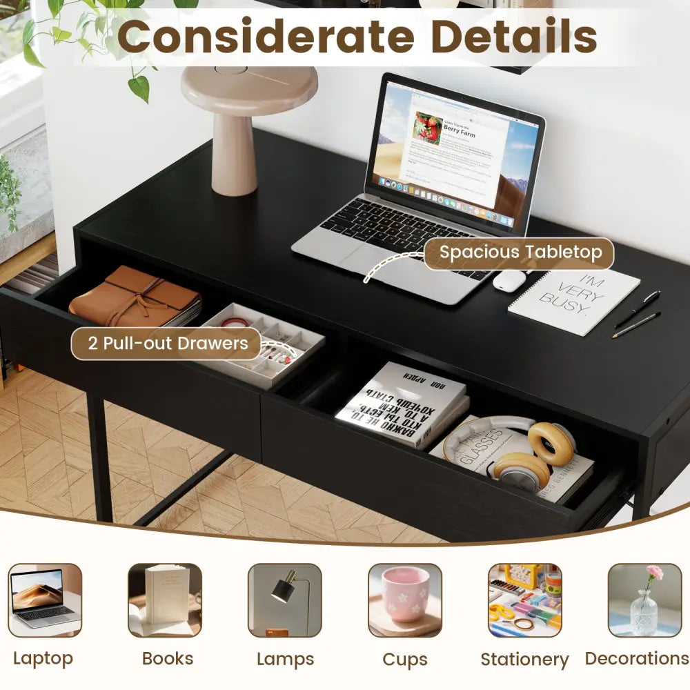 2-Drawer Home Office Desk with Steel Frame-Black - Black - Writing Desks