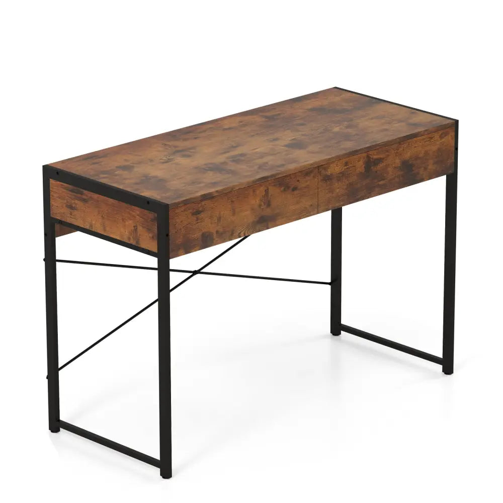 2-Drawer Home Office Desk with Steel Frame-Brown Costway