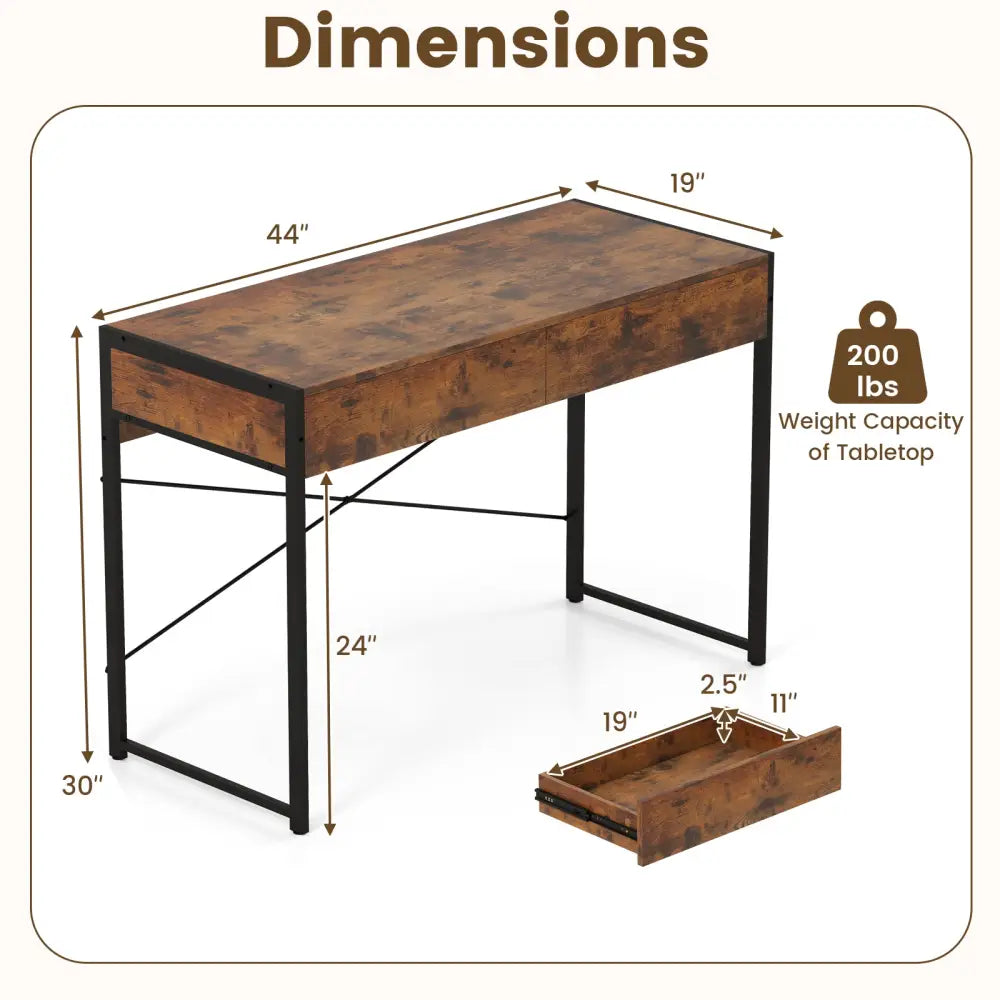 2-Drawer Home Office Desk with Steel Frame-Brown Costway