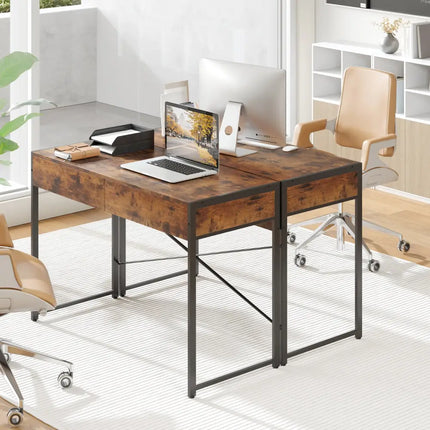 2-Drawer Home Office Desk with Steel Frame-Brown Costway