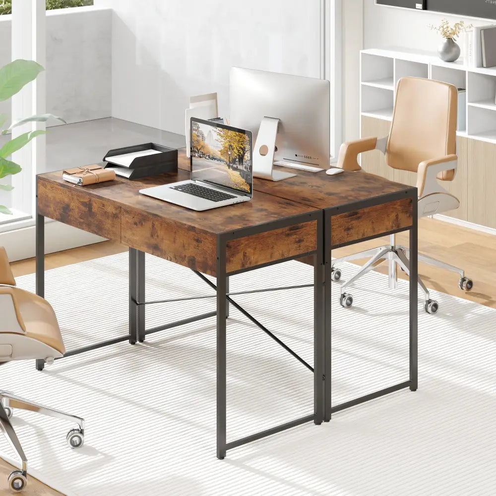 2-Drawer Home Office Desk with Steel Frame-Brown Costway