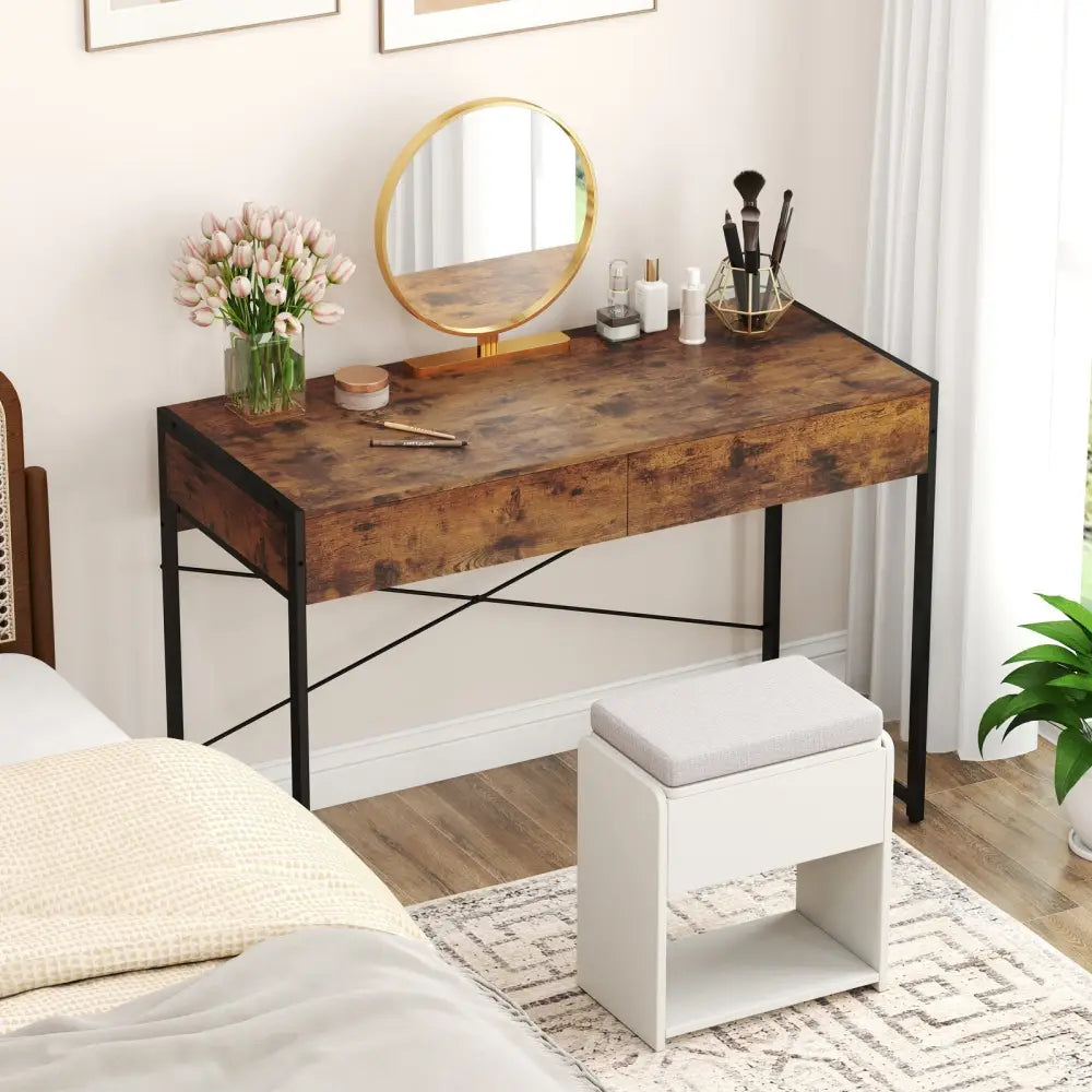 2-Drawer Home Office Desk with Steel Frame-Brown Costway