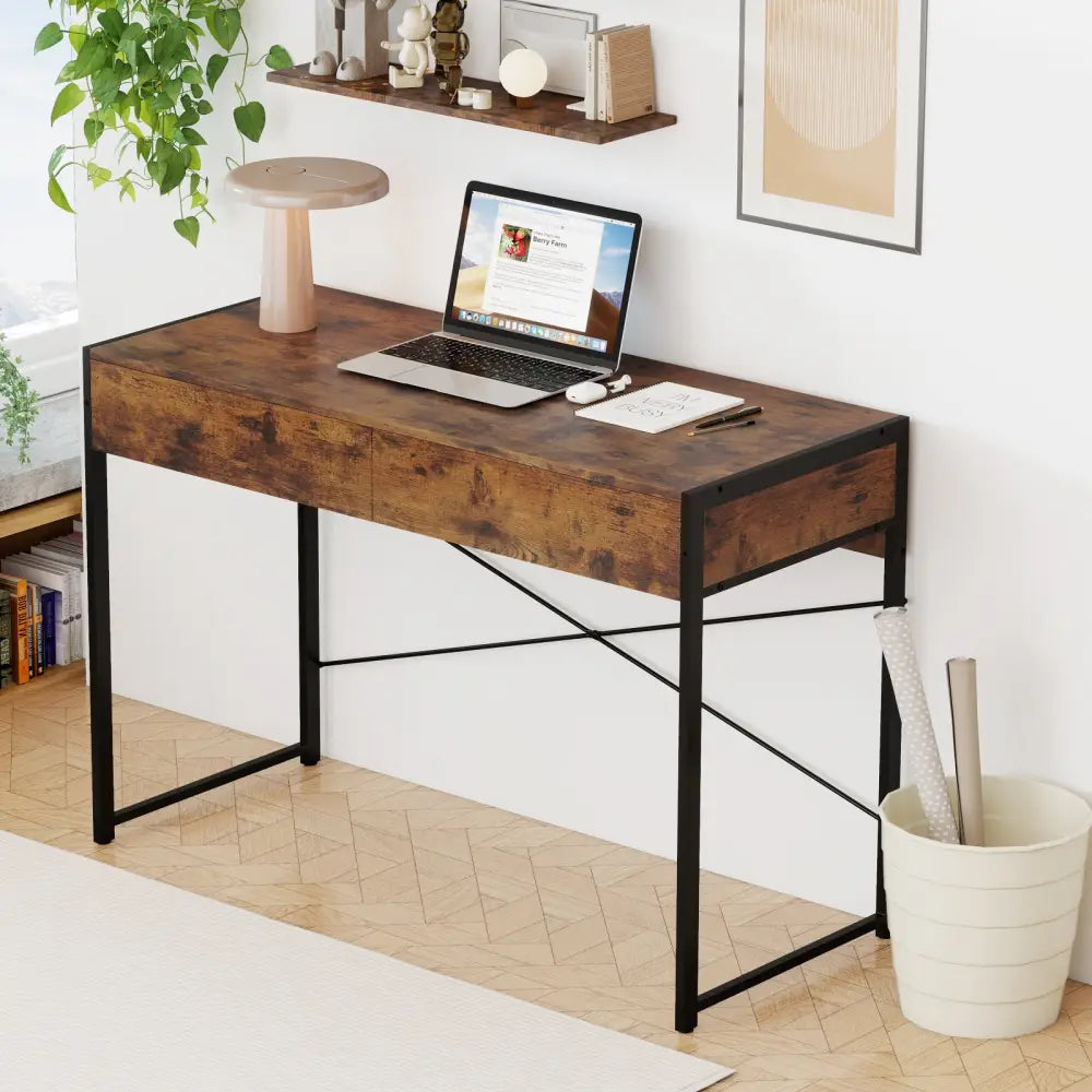 2-Drawer Home Office Desk with Steel Frame-Brown - Brown - Writing Desks