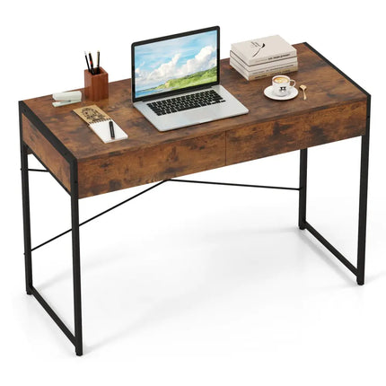 2-Drawer Home Office Desk with Steel Frame-Brown Costway
