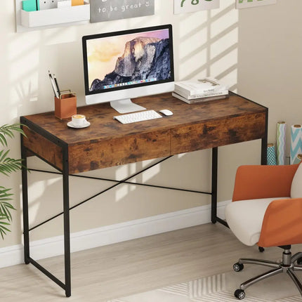 2-Drawer Home Office Desk with Steel Frame-Brown Costway