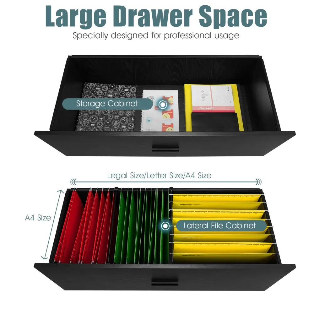 2-Drawer Lateral File Cabinet with Adjustable Bars for Home and Office-Black - Black - File Cabinets