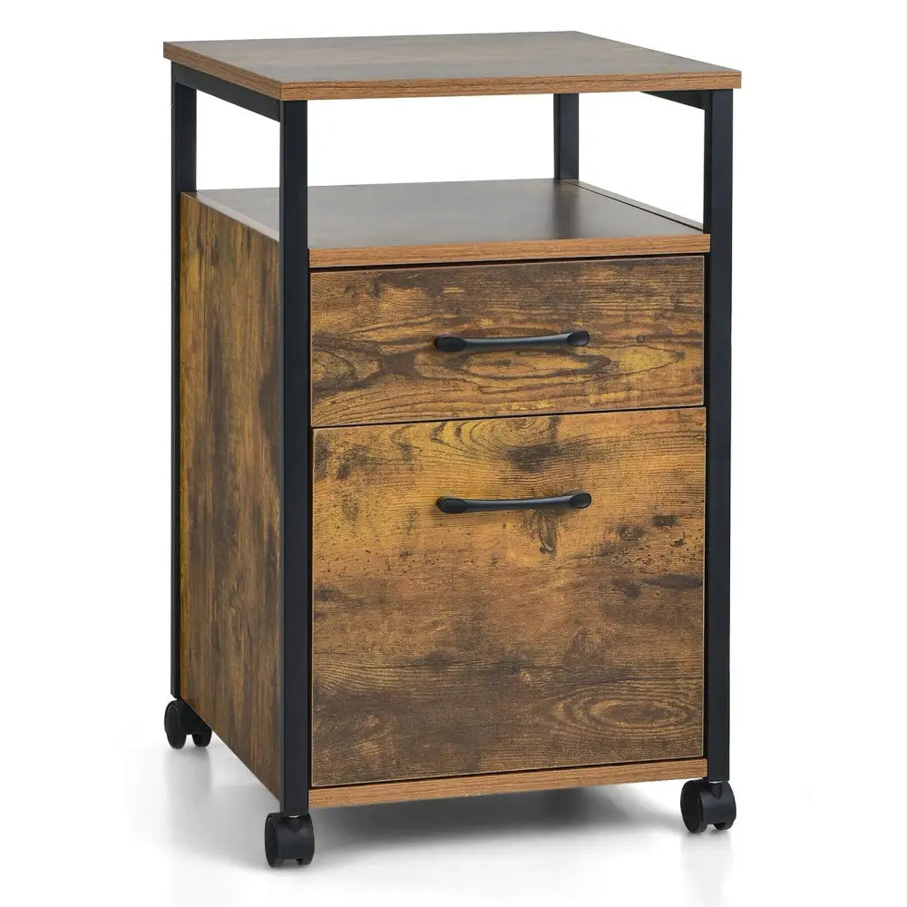 2 Drawer Mobile File Cabinet Printer Stand with Open Shelf for Letter Size-Rustic Brown Costway
