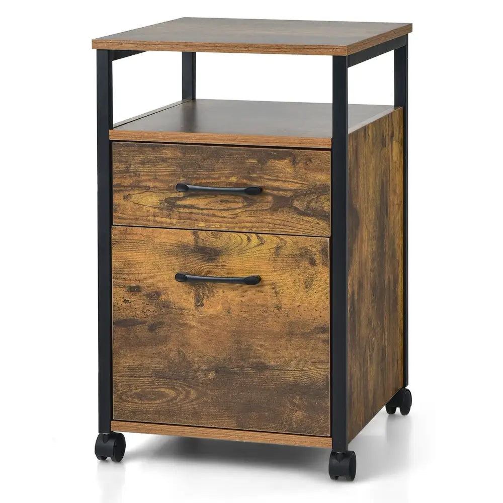 2 Drawer Mobile File Cabinet Printer Stand with Open Shelf for Letter Size-Rustic Brown Costway