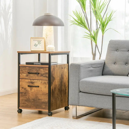2 Drawer Mobile File Cabinet Printer Stand with Open Shelf for Letter Size-Rustic Brown Costway