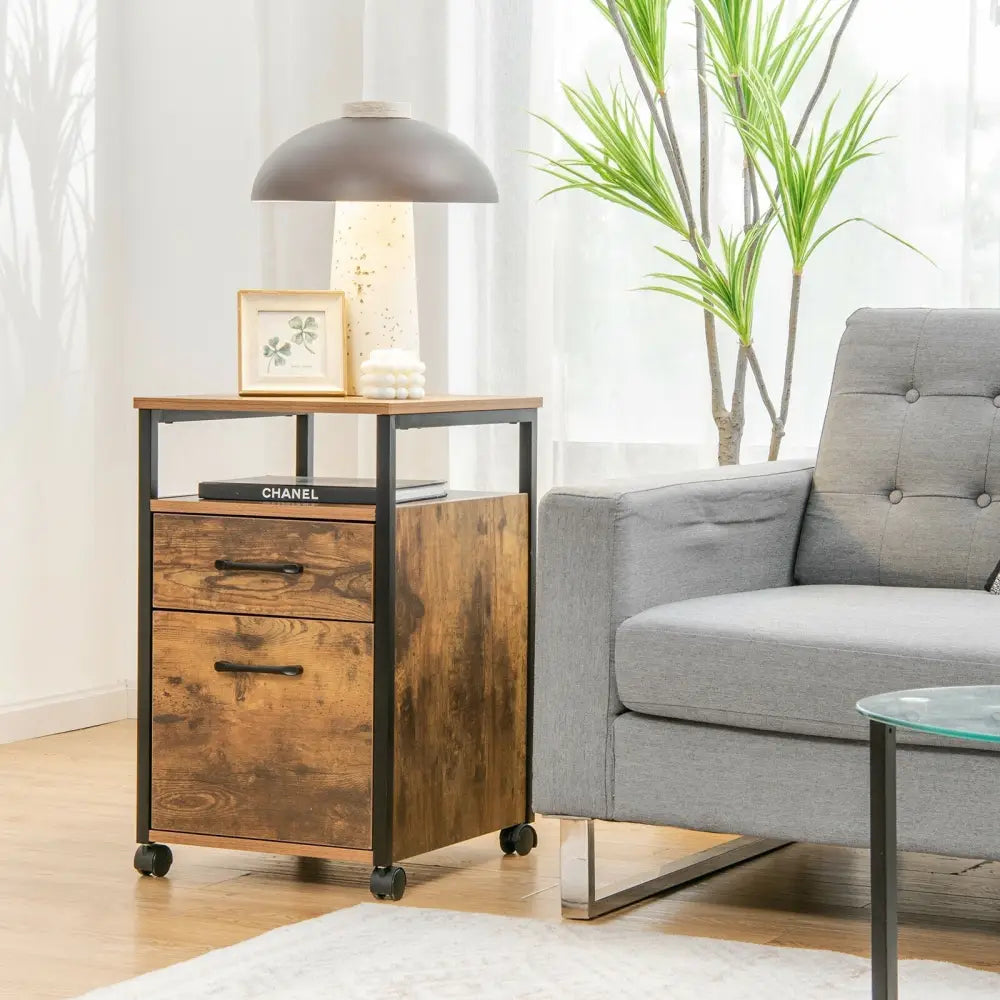 2 Drawer Mobile File Cabinet Printer Stand with Open Shelf for Letter Size-Rustic Brown Costway