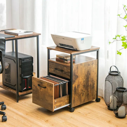 2 Drawer Mobile File Cabinet Printer Stand with Open Shelf for Letter Size-Rustic Brown Costway