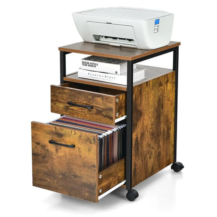 2 Drawer Mobile File Cabinet Printer Stand with Open Shelf for Letter Size-Rustic Brown Costway