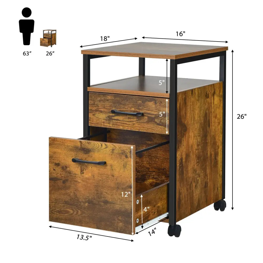 2 Drawer Mobile File Cabinet Printer Stand with Open Shelf for Letter Size-Rustic Brown Costway