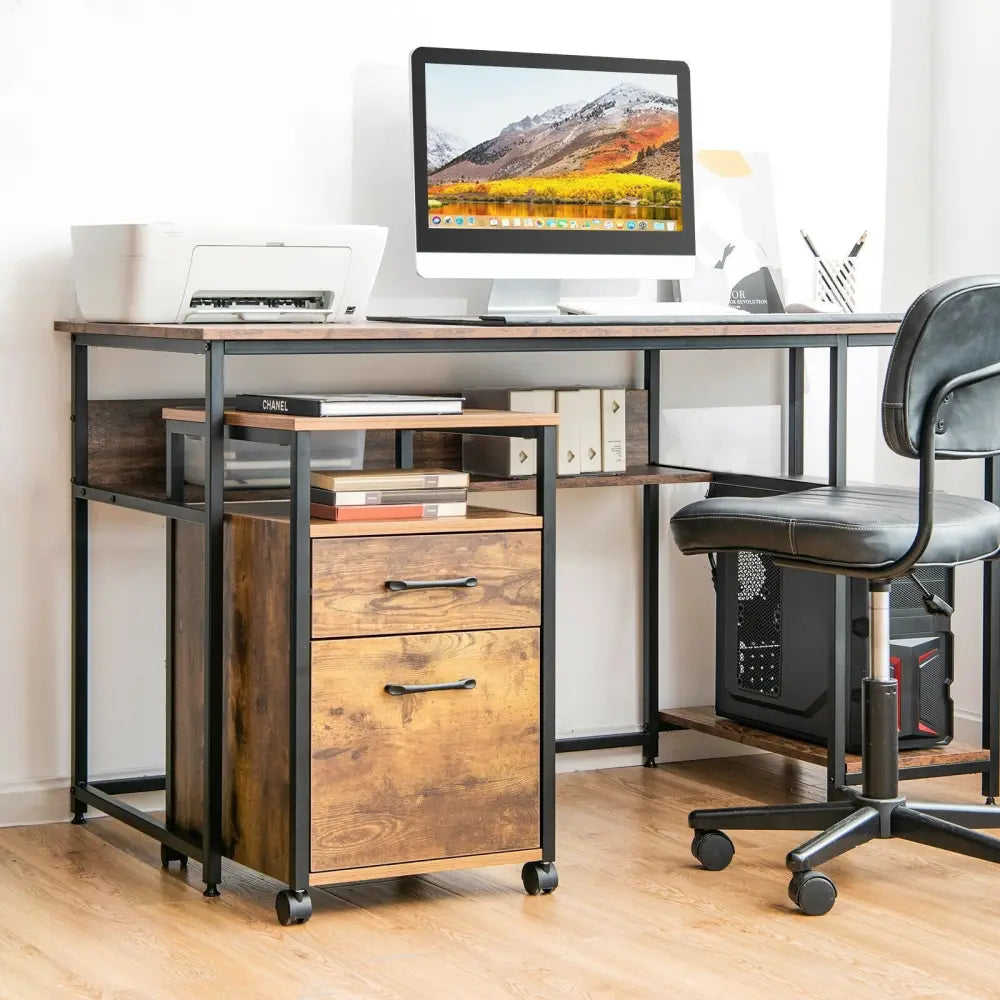 2 Drawer Mobile File Cabinet Printer Stand with Open Shelf for Letter Size-Rustic Brown Costway