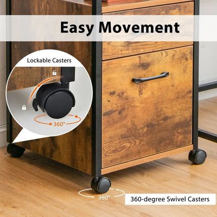 2 Drawer Mobile File Cabinet Printer Stand with Open Shelf for Letter Size-Rustic Brown Costway