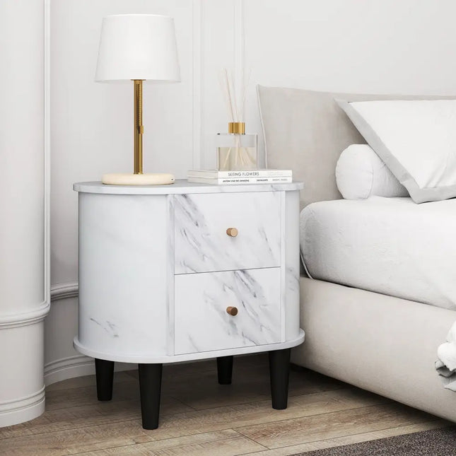 2-Drawer Nightstand Modern Faux Marble Bedside Table with Storage-White Costway