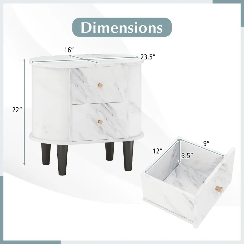 2-Drawer Nightstand Modern Faux Marble Bedside Table with Storage-White Costway